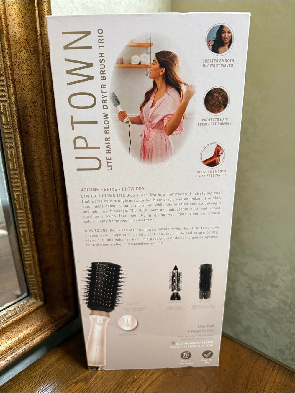 Luxe Willow 3-in-1 Hair Blow Dryer Brush Trio. Gold/Black-Round brush blow dryer
